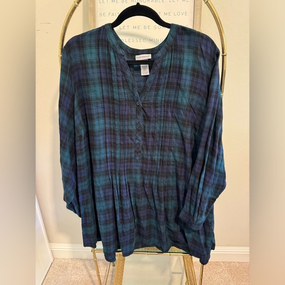 Catherines Tops - Lane Bryant blue and green long sleeve v neck flannel
